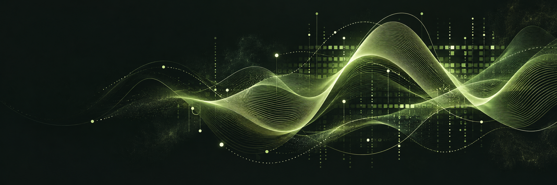 Luminous lime signal ribbons flowing through a rhythmic grid