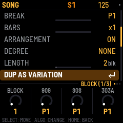 SONG menu with DUP AS VARIATION highlighted