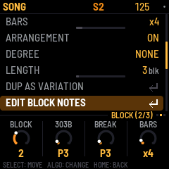 EDIT BLOCK NOTES selected in the SONG menu