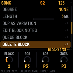 Native SONG menu with DELETE BLOCK selected