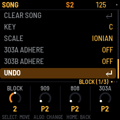 SONG controls list with UNDO selected