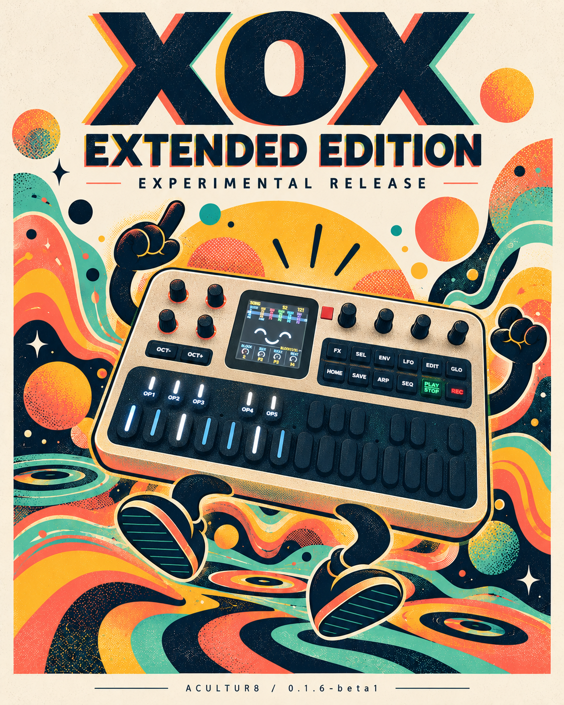 A playful FM1 character surrounded by records and colourful sound waves, with controls based on the real machine